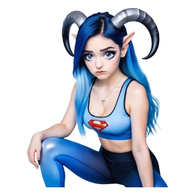 Disapponted-big tears-head back texting on phone-very very large upper body-sexy face-bending forward at waist-very long very straight dark blue to light blue ombre hair-and-blue eyes-thick black eyeliner-cute goat horns-iridescent blue lowcut tanktop with black leggings with glitter superman logo sticker