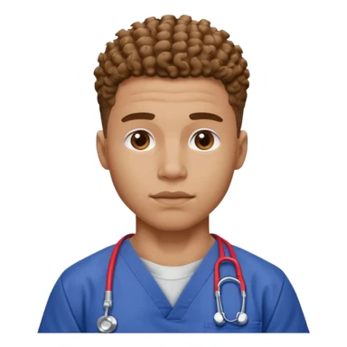 Ripped, athletic man with thick neck, high top fade with no part, curly hair only top only, and show waistline up, add scrubs, man face sticker