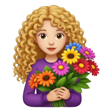 light skinned long curly haired girl holding big bright bunch of flowers. White background. sticker