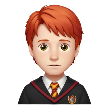 Ron Weasley with red hair, freckles, and Gryffindor school uniform sticker