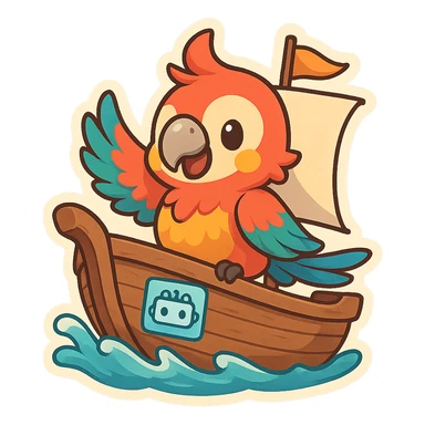 colorful parrot mascot in a ship, with an AI/copilot symbol like a robot face or digital brain on the ship's side, whimsical lively style sticker