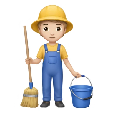 Boy in cleaning clothes, holding a broom and a bucket sticker