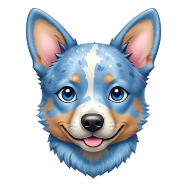 Cinematic Cute Blue Speckle Australian Cattle Dog Portrait Emoji, Head tilted playfully and inquisitively, featuring a vibrant blue speckle Fur with dynamic patterns, round, sparkling blue eyes filled with curiosity, Simplified yet irresistibly adorable features, highly detailed, glowing with a warm, friendly glow, high shine, affectionate and energetic, stylized with a touch of whimsy, bright and endearing, soft glowing outline, capturing the essence of a mischievous yet loving pup, so playful it feels like it could bound out of the screen and into your arms! sticker
