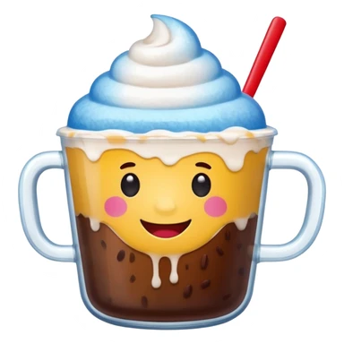 minimal LINE-style emoji of smiling shaved ice in a transparent MEGA COFFEE cup, red beans and milk drizzle on top, round eyes, chubby cheeks, happy face sticker