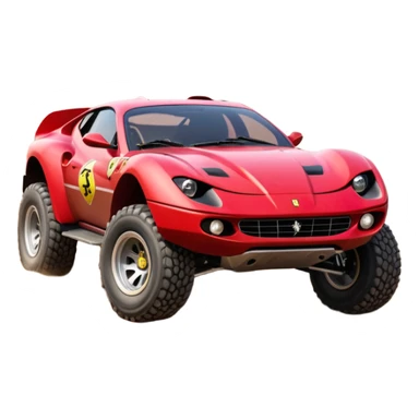 Satan’s and Barbie (post race) Ferrari -colored Dirty and dented Local Motors Rally Fighter off road race car hot rod trophy truck-style basher flying on a dusty road (silver wheels) sticker