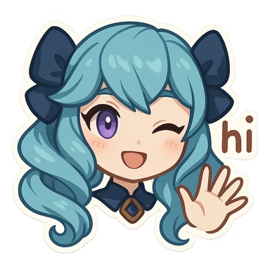 Gwen from League of Legends, hi emote, chibi style, only head, right eye purple, waving hand, sample 1 sticker