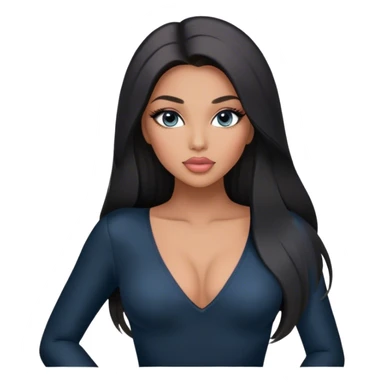 Glamours, tanned, very beautiful girl, with big pump peach-beige-rose lips, long long lashes, black straight smooth silky long hair, straight parting hair, blue-grey eyes in black long-sleeves v-neck bodysuit sticker