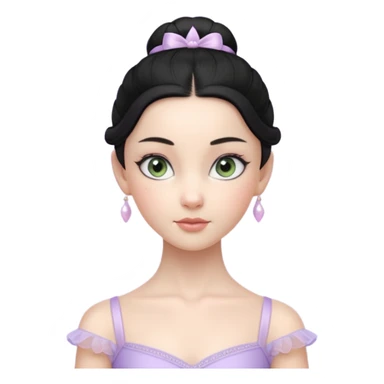 Cinematic Realistic ballerina Light Purple Portrait, depicted with lifelike skin texture, subtle rosy undertones, and soft natural lighting that enhances the gentle contours of her face. Her intricately detailed sweet black hair is elegantly styled, green eyes sticker