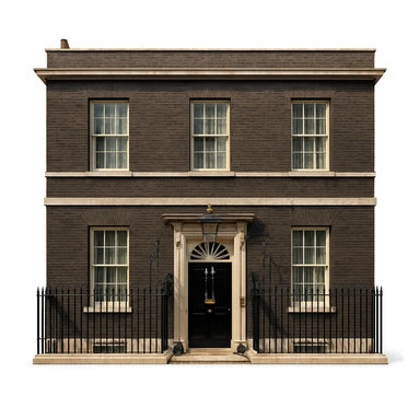 cinematic, realistic emoji of the entire 10 Downing Street building in London, showing the full Georgian brick facade, iconic black door with the number '10', white trim, fanlight window above the door, lifelike detail, accurate colors, bright lighting, zoomed out for a wider angle view, isolated against a white background sticker