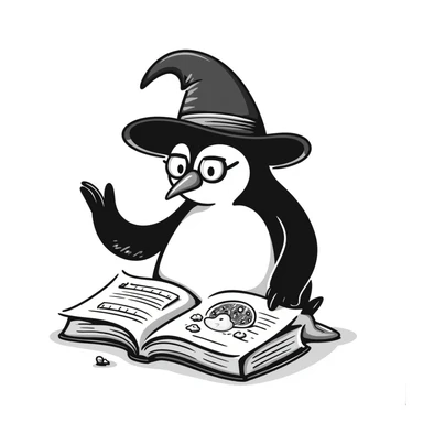 A whimsical penguin wizard studying a magical spellbook sticker