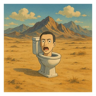 skibidi toilet in a desert landscape with Afghan mountains, ghibli style sticker