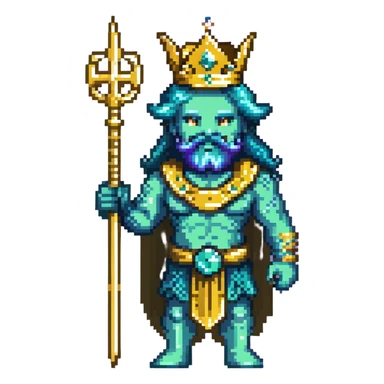 Neptune god of the sea wielding golden trident, blue-green skin, wearing crown sticker