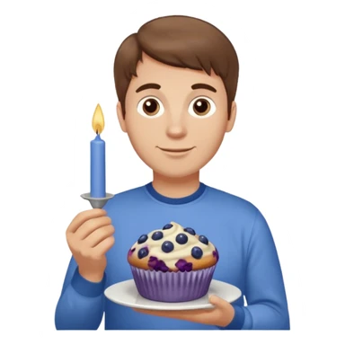 Make a white man with brown hair wearing a shirt that says happy b day Virginia holding a blueberry muffin with a birthday candle in it. Have him holding multiple muffins and no candles in hand sticker