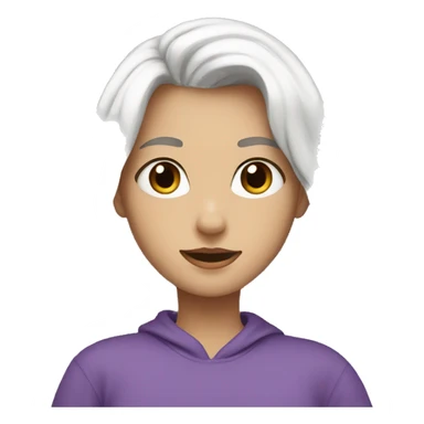 a girl with long white hair with bangs, brown eyes, wearing a purple sweatshirt and white heatsets sticker