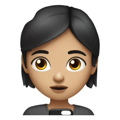 A girl with white skin and dark hair, with a sad face, holding her phone in her hand and typing a message, a message cloud on the side of it sticker
