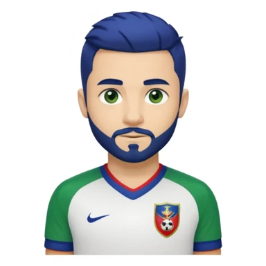 Emoji-style head and upper body of a soccer player with light skin, dark blue hair with green tips, short beard, blue left eye and green right eye, wearing a white jersey with black and red details and a red captain armband. White background.  sticker