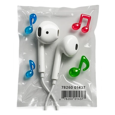 white EarPods headphones with three distinct colorful glassy music notes floating nearby, shiny and inflated sticker