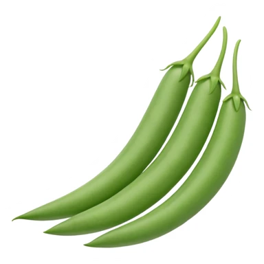 2-4 haricots verts, whole, slightly curved, vibrant green, pointed ends, fresh, crisp, subtle sheen, natural texture, tiny stem tips, no leaves, no plate, transparent background, emoji scale sticker