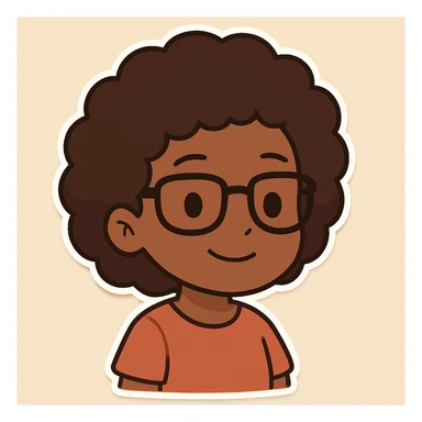 Transform the character into a girl with afro hair, dark skin, brown hair, and glasses, maintaining the friendly cartoon style of chibi stickers. sticker