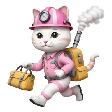 A cute white and pink cat dressed as engineer with a white helmet running very fast carrying her cute bag Leaving a trail of smoke under her feets fast blurry feets sticker