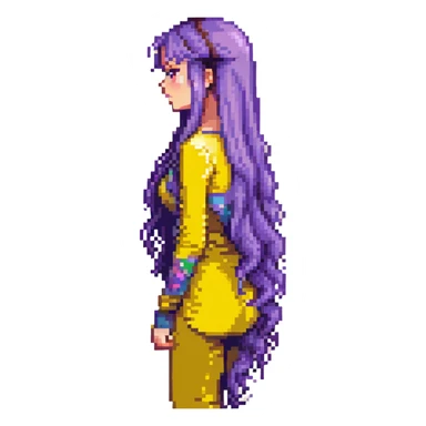 Girl with long purple hair that flows down her back, pixel art style sticker