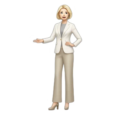 Full height Actively gesturing with hands pale skin woman with ash blonde Straightened bob Hair, White Spacious classical jacket, beige palazzo Arrow pants and gray blouse sticker