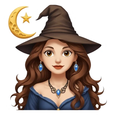 moon witch woman long wavy brown hair tattoos shoulder glance smirk sticker