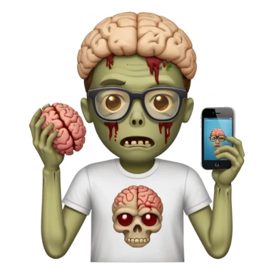 iPhone zombie emoji with a decayed brain, glasses, and a t shirt that says « braindead » sticker