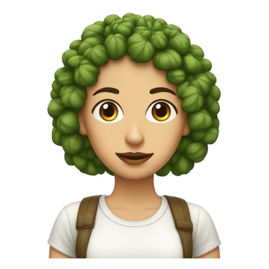 mujer blanca con rulos cortos marrones, ojos marrones con remera con una chala de cannabis sticker