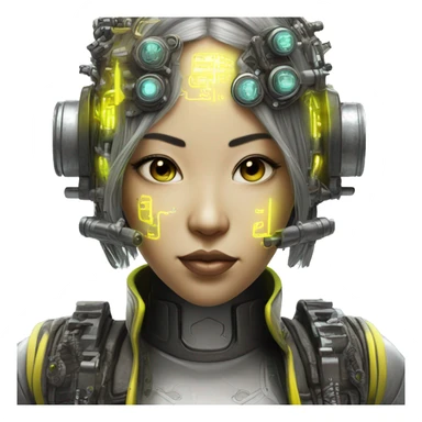 Neon yellow bobbed hair Asian female cyborg head with silver steampunk goggles and circuits sticker