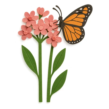 milkweed with monarch butterfly, layered paper details, tall green stems, pink flowers, butterfly perched on a blossom sticker