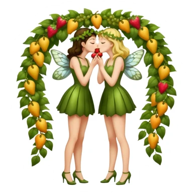 full body two women kissing, fruit vine outfits and moth swarm halo sticker