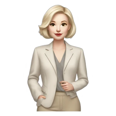 pale skin woman with ash blonde Straightened bob Hair, White Spacious classical jacket, beige palazzo Arrow pants and gray blouse holding RAL colour palette in the hands sticker