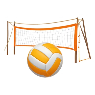 The scene captures a sunny sea beach atmosphere with clear blue sea and sky, palm trees swaying, and people in swimsuits enjoying the vibrant surroundings. A volleyball resting on the orange sand ground of a beach, with a volleyball net in the background.  sticker