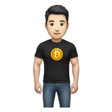 Chinese man with black t-shirt, add Bitcoin logo on His T-shirt, Make the emoji half body sticker