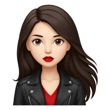 brunette with very long hair in black cuir jacket with red lips and very dark brown eyes sticker