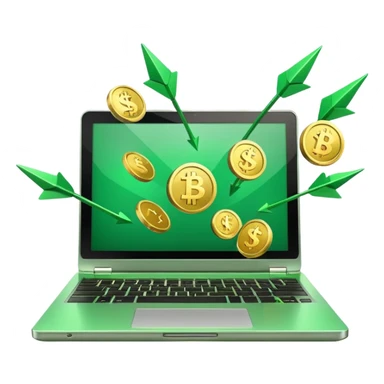 3D laptop icon with gold coins flying out of screen, green color (#0B3D2C), gold accents (#C9B037), upward arrows, glossy modern style, transparent background sticker
