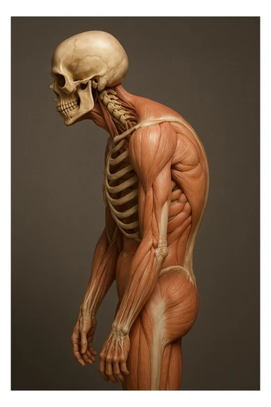 corpo UMANO ANATOMICO di profilo con spalle chiuse in avanti, postura errata, iperrealistico 4k sticker