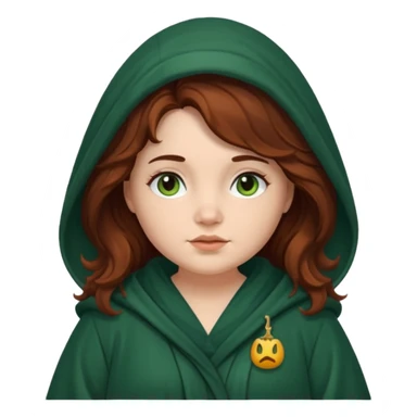 A white woman with a chubby face, with long dark auburn hair robed and hooded like she's a Traitor in the tv show The Traitors. her hair is slightly curly, but kinda frizzy, not with defined curls, and the robe is a very dark green color sticker