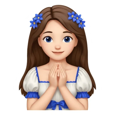 Generate a girl with her eyes closed and smiling and Boht her hands under the chin, palms facing upwards. She should be wearing a white dress with cobalt blue flowers on the dress and puffed sleeves. She has ling straight hair. Only her face and chest is visible. sticker