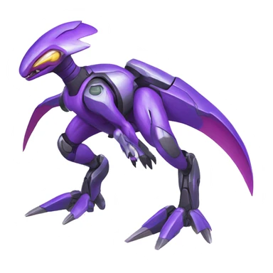 a shiny colorful Genesect-Raptor-Fakémon—hybrid with a futuristic visor-helmet full body sticker