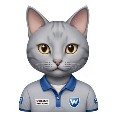 Grey cat with a williams racing f1 team polo sticker