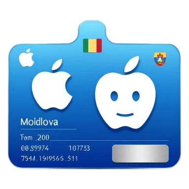 business ID card with rounded corners, blue-silver gradient background, placeholder lines, generic photo silhouette on left, Moldova-style heraldic icon in top-left, Apple emoji style, transparent background sticker