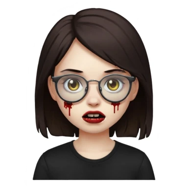 apple emoji zombie girl with dark brown emo hair and black shirt and glasses sticker