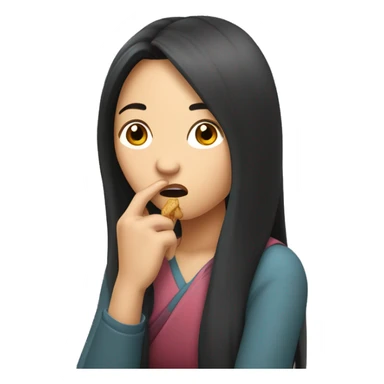 A long-haired Asian woman in her 30s looks worried while biting her hand sticker