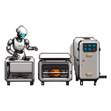 A robotic baker with stainless steel limbs, built-in mixers, and a retro-futuristic oven. The environment is industrial-chic: brushed metal surfaces, LED panels, and mechanical arms. UI mimics control panels with toggle switches, rivets, and analog dials. sticker