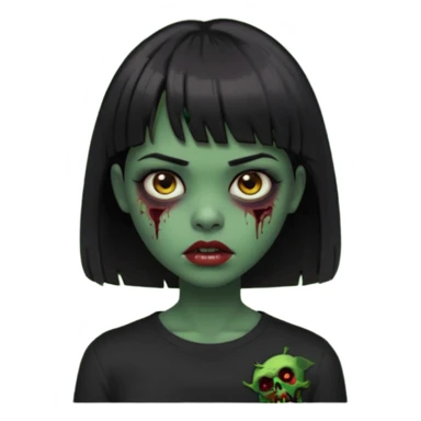 Zombie girl emoji verde escuro com cabelo curto liso preto no ombro e franja na altura da sobrancelha com uma blusa preta, olhos castanhos escuros sticker