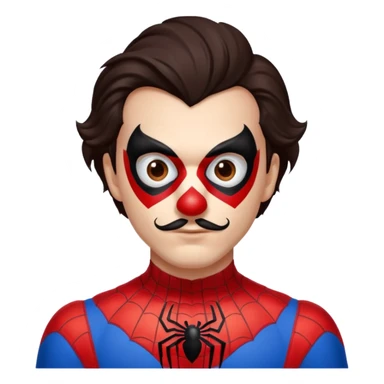 Create a man with brown eyes and dark hair into Spider-Man and a clown nose sticker