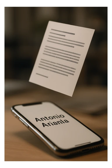 A photo of an iPhone with the message "Antonio Anania" on its screen, hovering over it is another document floating in mid-air, both surrounded by soft light and shadow. The phone sits atop a desk with a blurred background that suggests work environment. A faint glow from above casts gentle shadows across the surface of each object, creating depth and highlighting their textures. sticker