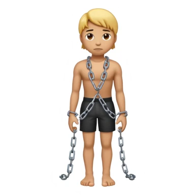 A 3D emoji of a person in Apple style with chains on hands and feet, standing with a sad expression. The posture is slightly slouched, showing captivity. Clean, glossy Apple-style rendering, isolated on white background.



 sticker